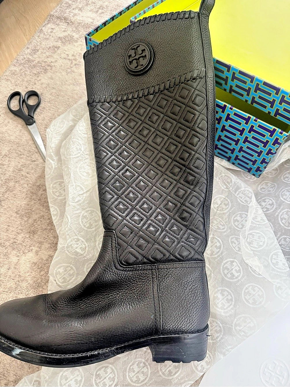 Tory Burch Claremont Quilted Leather Tall Boots Black